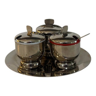Mid 20th Century Pair of Mid-Century Modern Chrome Condiment Servers With Original Spoons and Trays - 16 pcs For Sale