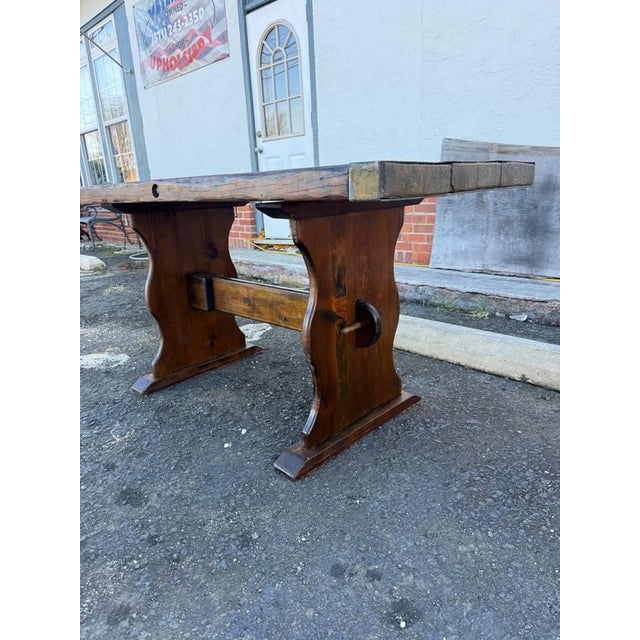 Wood Vintage Farmhouse Rustic Style Liberty Ship Hatch Cover Trestle Base Dining Table For Sale - Image 7 of 17