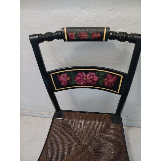 1960s Antique Wood Black Color Chair Straw Seat With Painted Flower For Sale - Image 5 of 6