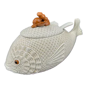 Vintage Fitz & Floyd Brown Ivory Ceramic Fish Seashells Soup Tureen & Lid & Ladle