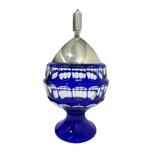German Blue Bohemian Crystal Bowl with Silver Lid by Hermann Behrnd, Dresden