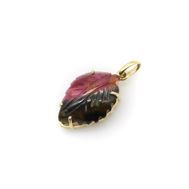 Modern 14k Gold Watermelon Tourmaline Carved Leaf Pendant For Sale - Image 3 of 9