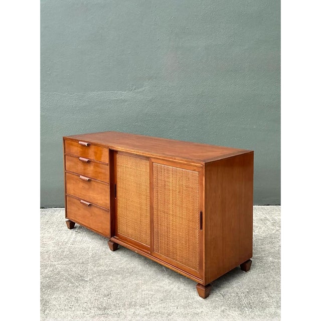 Sienna Vintage Tomlinson Wood Credenza With Sliding Seagrass Doors For Sale - Image 8 of 12