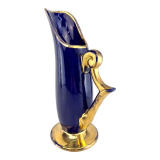 Vintage Mid Century Cobalt Blue & Gilt Art Pottery Pitcher, European Ceramic For Sale