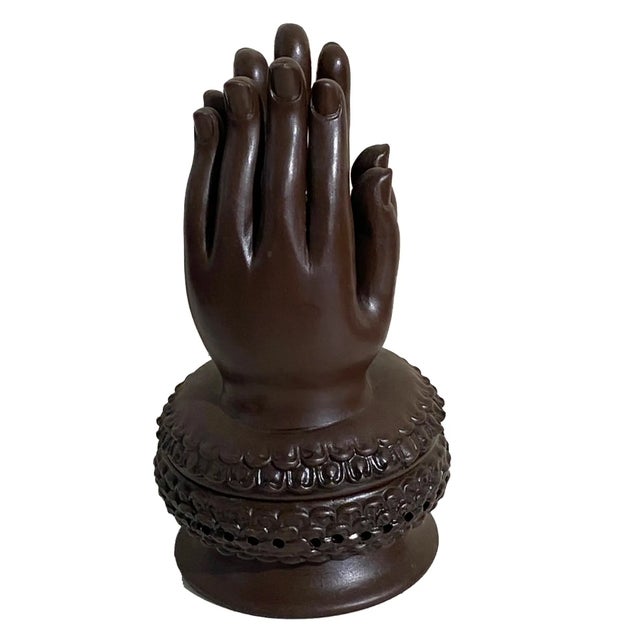 Brown Chinoiserie Large Ceramic Buddha Hands Sculpture Incense Burner For Sale - Image 8 of 8