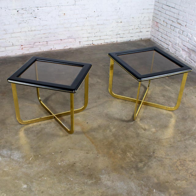 Late 20th Century Modern End or Side Tables 1 Rectangle & 1 Square W/Glass Inset Tops & Brass Plate Bases For Sale - Image 18 of 18