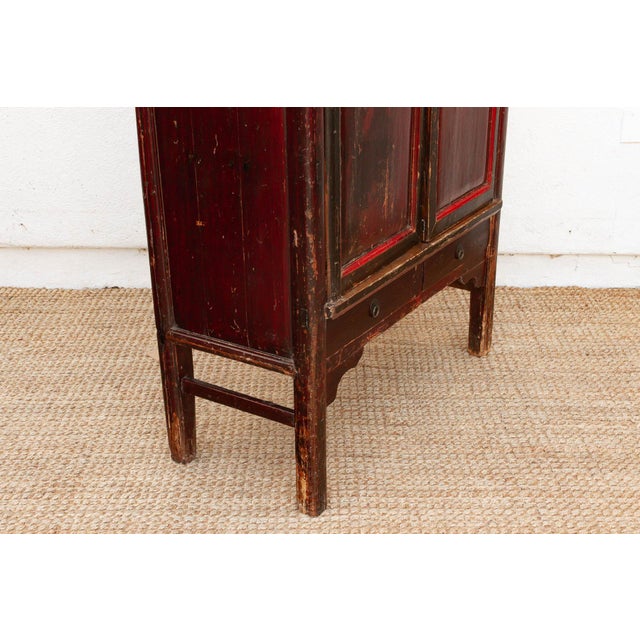 Wood Antique Painted Medallions Red Lacquer Tall Cabinet For Sale - Image 7 of 10