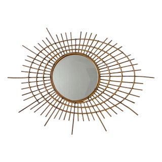 Large Asymmetrical Bamboo Rattan Sunburst Mirror with Nails, 1960s For Sale