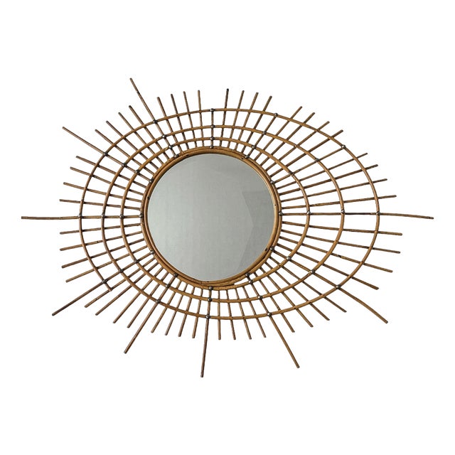 Large Asymmetrical Bamboo Rattan Sunburst Mirror with Nails, 1960s For Sale