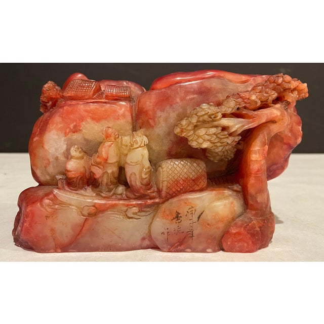 Nicely carved red/orange Chinese hardstone seal. Bloodstone or "chicken blood" soapstone hand carved village scene with...