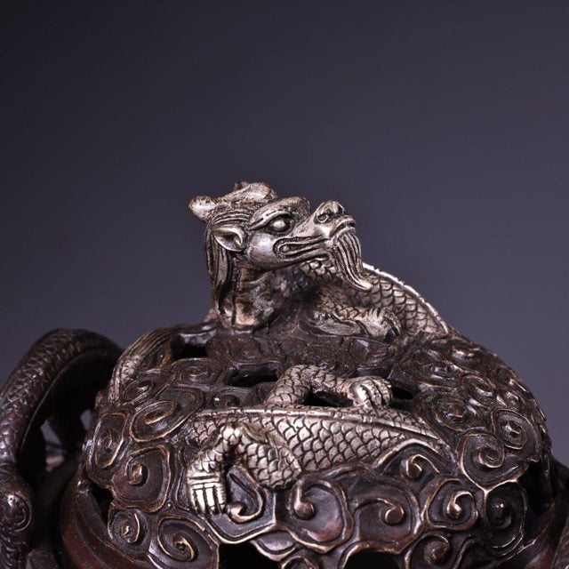 Bronze Silver-Washed Dragon Tripod Censer — High Relief Lidded Incense Burner For Sale - Image 9 of 9