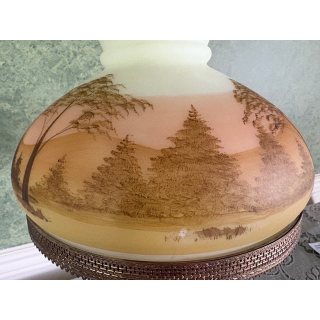 Cream Fenton Log Cabin Hurricane Lamp Hand Painted on Custard Glass For Sale - Image 8 of 14