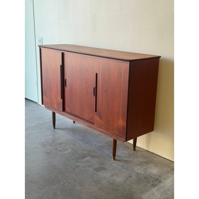 Brown 1960s Danish Teak Credenza - Mid Century Modern Sideboard With Sliding Doors & Pull-Out Trays For Sale - Image 8 of 10