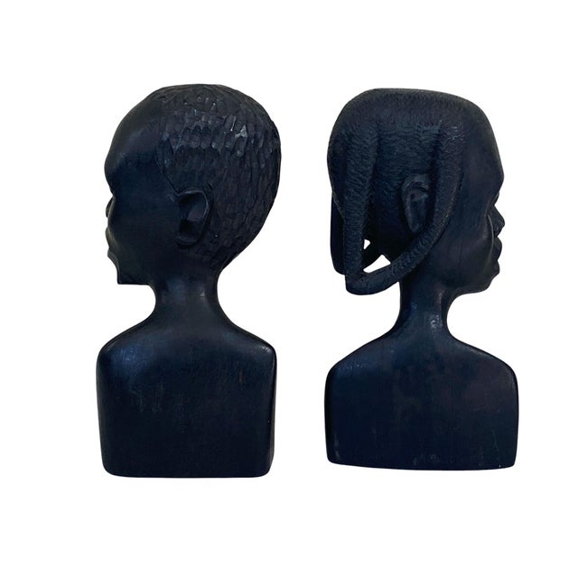 Vintage African Ebony Wood Man and Woman Sculpture Bust Black Folk Art 6.75" H For Sale - Image 4 of 6