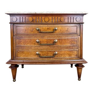 Vintage French Louis XVI Style Cherry Wood & Burl Marble Top Bedside Table / Nightstand For Sale