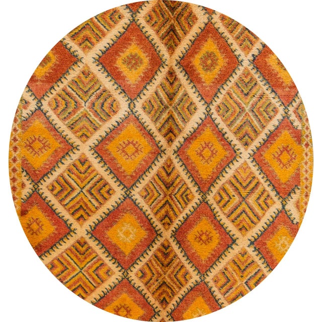 Beautiful Vintage Moroccan Tribal Wool rug with a geometric, interlocking diamond design in yellow, orange, and green....
