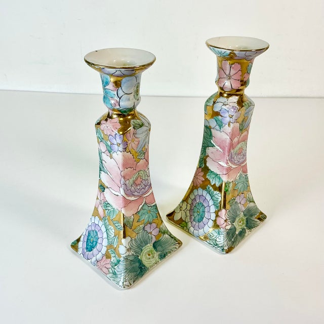 1980s Vintage Chinoiserie Boho Chic Hollywood Regency Peony Candleholders - A Pair. For Sale - Image 9 of 10
