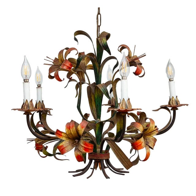 1950s Italian Tole Lilly 5 Light Chandelier For Sale In Los Angeles - Image 6 of 11