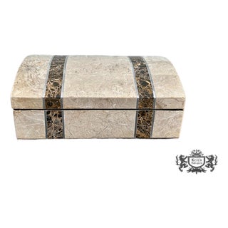Vtg. Tessellated Travertine Stone Rectangular Inlaid Dome Top Lidded Box For Sale