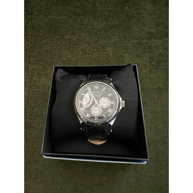 Seiko Premier Automatic 2010 Original Box, Steel Case, Black Lather, Steel Clasp For Sale - Image 9 of 9