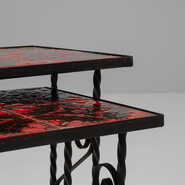 20th Century French Iron Nesting Tables With Ceramic Tops - A Pair For Sale - Image 12 of 18