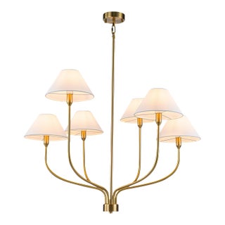 Aloadecor French Modern Warm Brass Curved Staggered Chandelier With White Fabric Shades For Sale