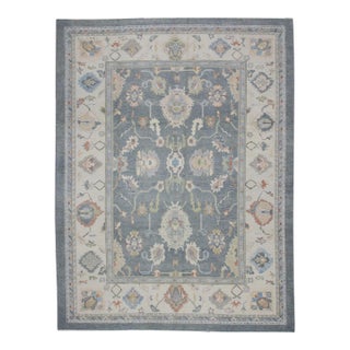 Early 21st Century Gray Colorful Floral Design Handwoven Wool Turkish Oushak Rug 8'11" X 11'8" For Sale