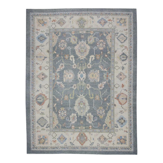 Early 21st Century Gray Colorful Floral Design Handwoven Wool Turkish Oushak Rug 8'11" X 11'8" For Sale