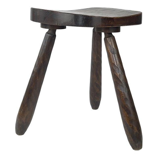 Vintage Brutalist Rustic Carved Wood Tripod Stool, France, 1930s For Sale