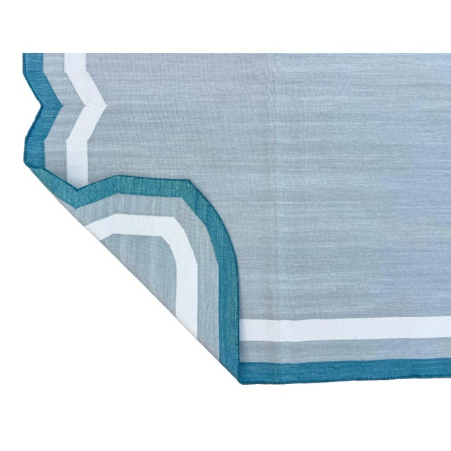 Casa Cosima Handmade Cotton Scalloped Edge Rug, Light Grey, Cream & Teal Blue Border Dhurrie- 8'x10' For Sale - Image 4 of 12