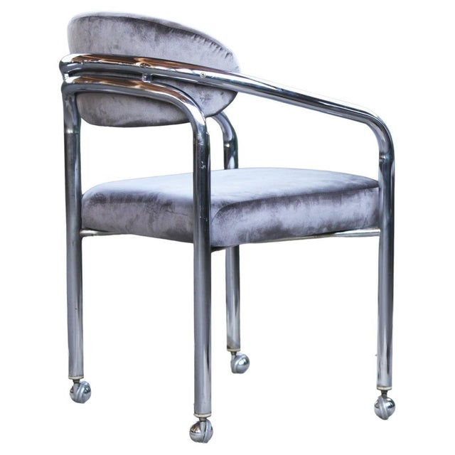 1970s Postmodern Chrome Armchair in the Manner of John Mascheroni Grey Velvet, Casters For Sale - Image 4 of 17