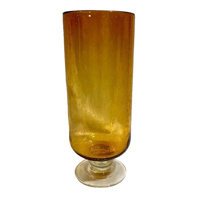 Seed Buble Tall Amber Footed Art Glass Vase For Sale