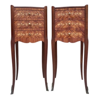Pair of French Louis XV Style Marquetry Bedside Tables with Three Drawers, 1920s For Sale