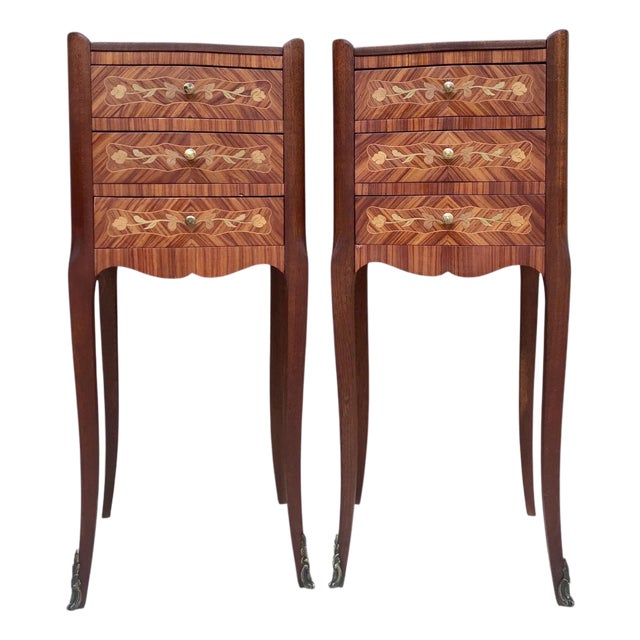 Pair of French Louis XV Style Marquetry Bedside Tables with Three Drawers, 1920s For Sale
