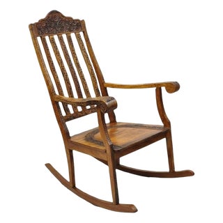 Vintage Anglo Indian Carved Teak Wood Rocking Chair Rocker For Sale