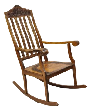 Vintage Anglo Indian Carved Teak Wood Rocking Chair Rocker