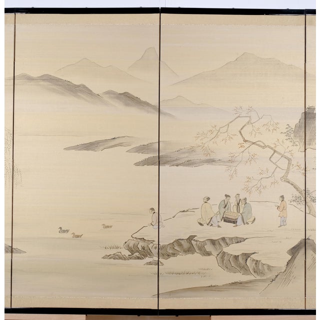 1960s Mid 20th Century Japanese Byobu "A Lunch Gathering in Nature" Signed Chopmarked 4-Panel Silk Screen in Excellent Condition For Sale - Image 5 of 9