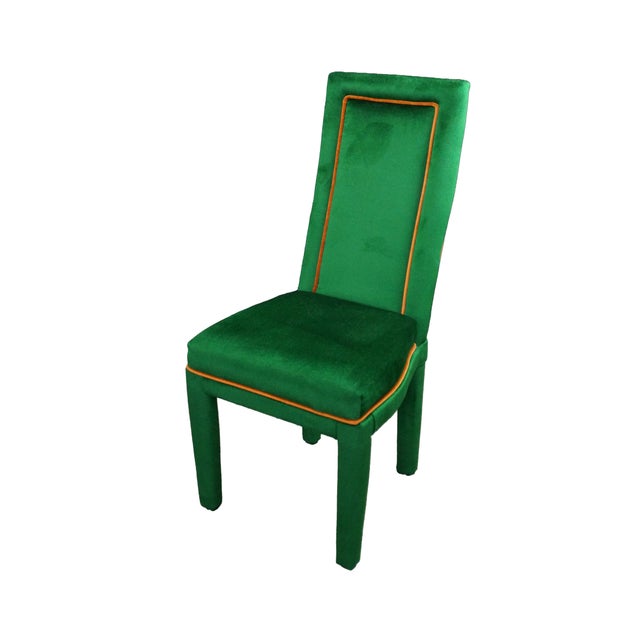 This dramatic set of eight mid-century modern dining chairs features a bold, high-back silhouette entirely upholstered in...