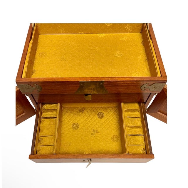 Brown Vintage Chinese Rosewood Jewelry Box Cabinet Brass Mounts Silk Lined Drawers St. For Sale - Image 8 of 10