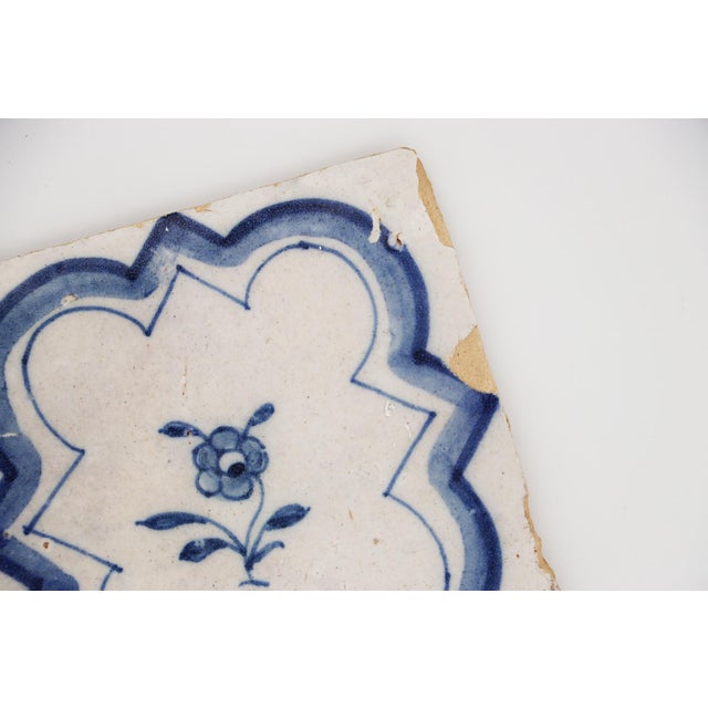 Ceramic 18th Century Blue & White Flower Set of Two Tiles, Portuguese For Sale - Image 7 of 12