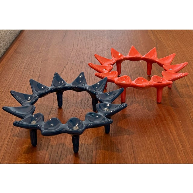 Pair of Vintage Dansk Candle Holders in Orange & Blue Enamel. These vintage Dansk candle holders come in two striking...