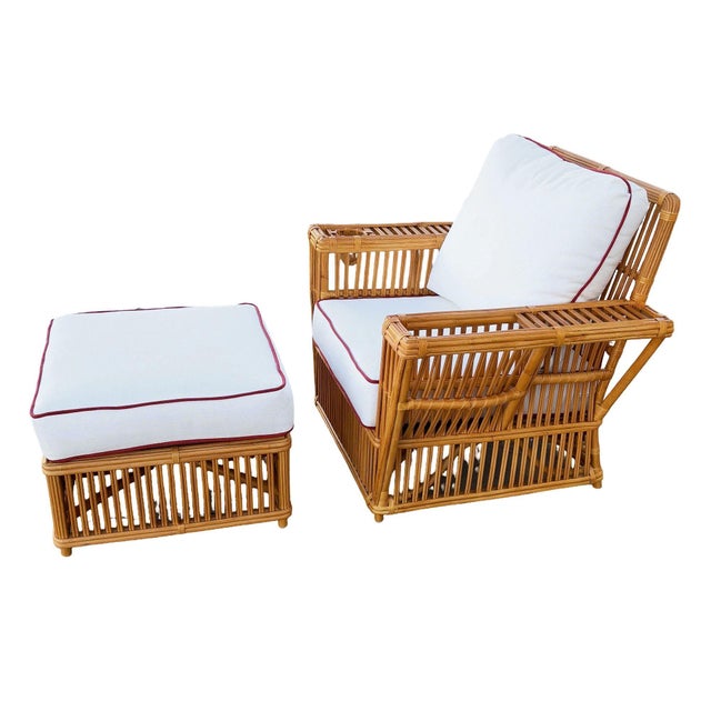 Art Deco Art Deco Presidents Stick Reed Rattan Nantucket Lounge Armchair & Ottoman Set For Sale - Image 3 of 12
