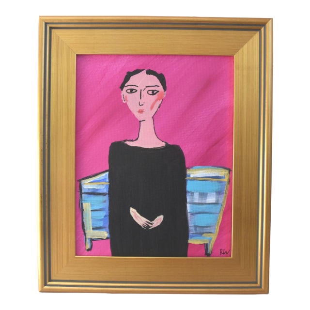 Abstract Expressionism Woman Portrait Painting Including the Anitqued Gold Wood Frame For Sale