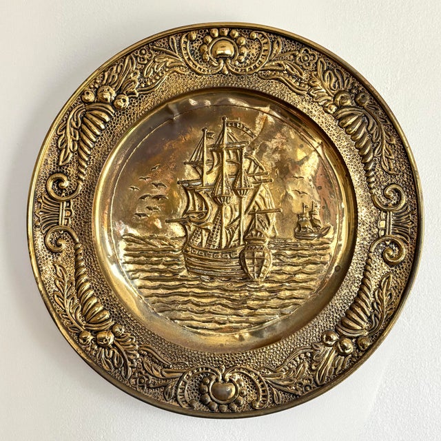 Brass Vintage Nautical Hammered Brass Repousse Wall Hanging Plate For Sale - Image 8 of 8