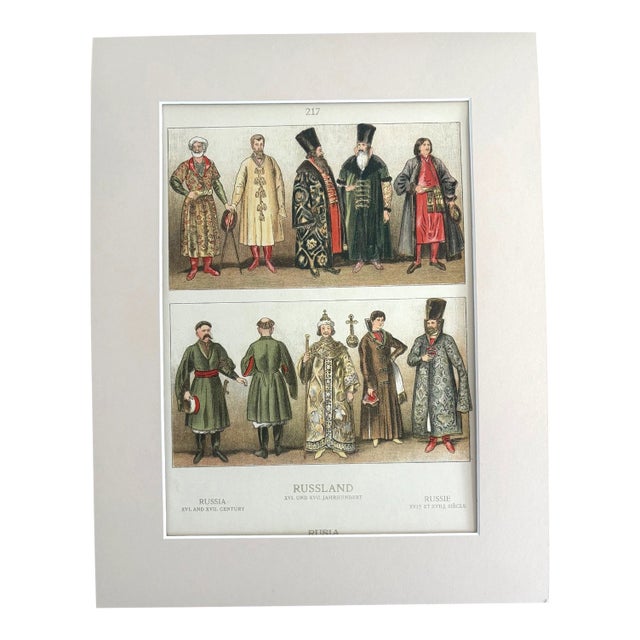 Antique 1925 Max Tilke 16th c. Russian Costume Print in 11x14 Mat Ready to Frame For Sale