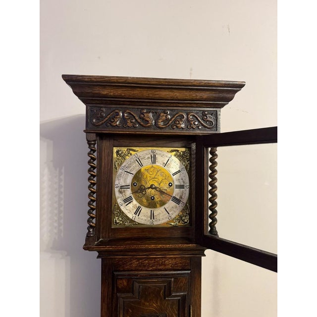 Antique Edwardian Oak Triple Weight Chiming Grandmother Clock, 1900 For Sale - Image 6 of 10