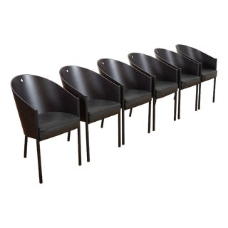 Costes Chair Set in Black Lacquered Tubular Steel Frame, Molded Plywood Seat and Leather by Philippe Starck, 1984, Set of 6 For Sale