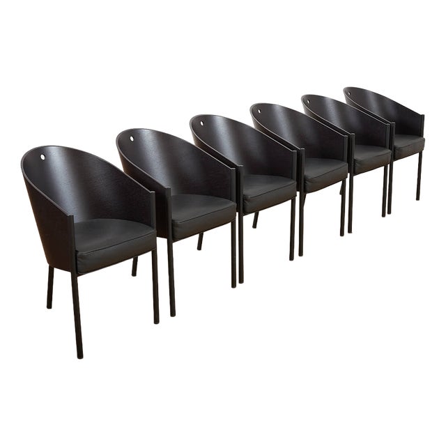 Costes Chair Set in Black Lacquered Tubular Steel Frame, Molded Plywood Seat and Leather by Philippe Starck, 1984, Set of 6 For Sale