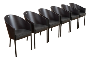 Costes Chair Set in Black Lacquered Tubular Steel Frame, Molded Plywood Seat and Leather by Philippe Starck, 1984, Set of 6