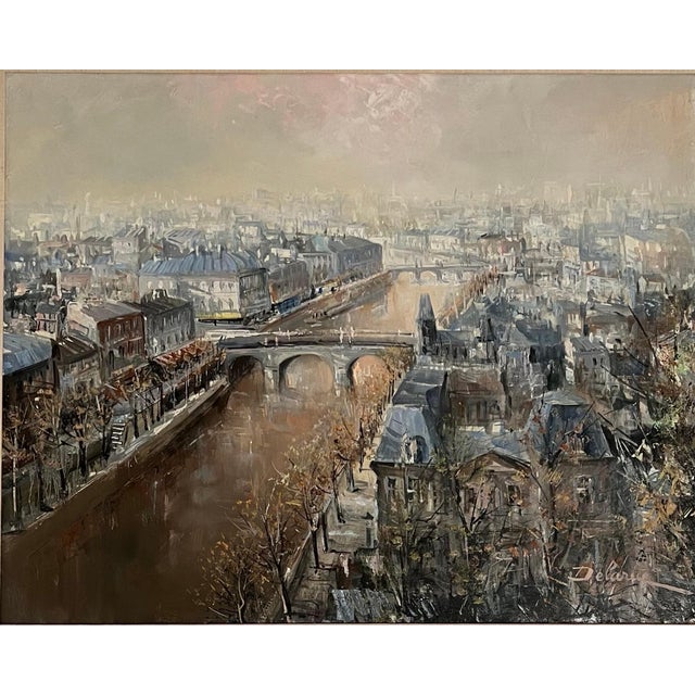 Lucien DelarueLarge French Oil Painting Paris, Seine River w Bridge, Landscape, Lucien Delarue, c.1950's For Sale In Miami - Image 6 of 12